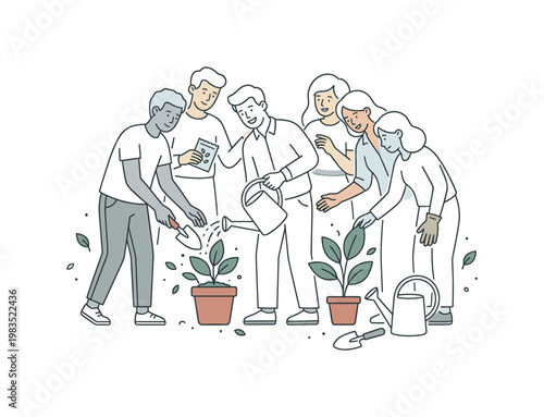 Diverse group of people collaborating to plant and water small seedlings in pots