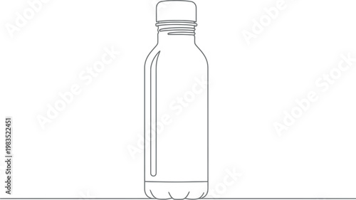 Single continuous line drawing of a plastic water bottle with a screw cap design isolated on a white background for a minimal and modern artistic graphic illustration style for your project.