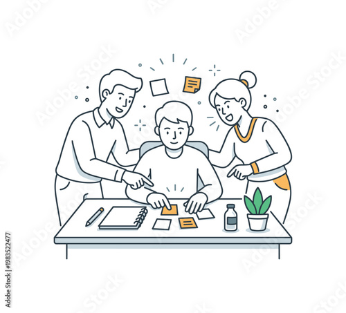 Three coworkers in a compact teamwork scene with one central person arranging notes while the other two contribute by pointing and