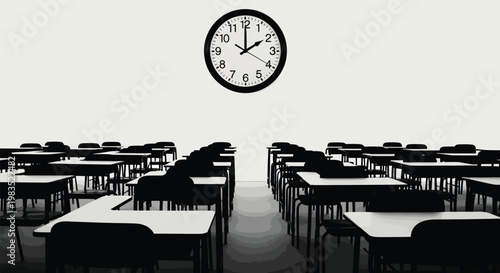 A stark classroom scene features rows of empty desks beneath a circular wall clock at 2 10