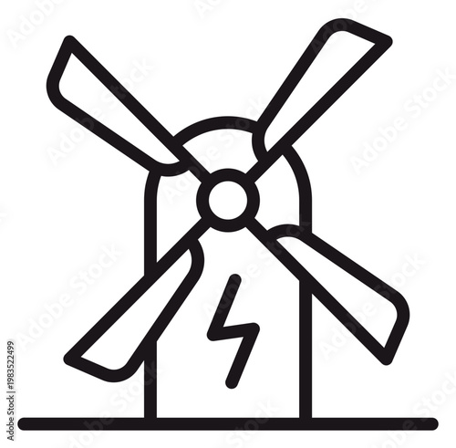 Obraz na płótnie Wind turbine icon for renewable energy and clean electricity generation, minimalist black line art vector illustration of a windmill with a lightning bolt symbol for sustainable power source