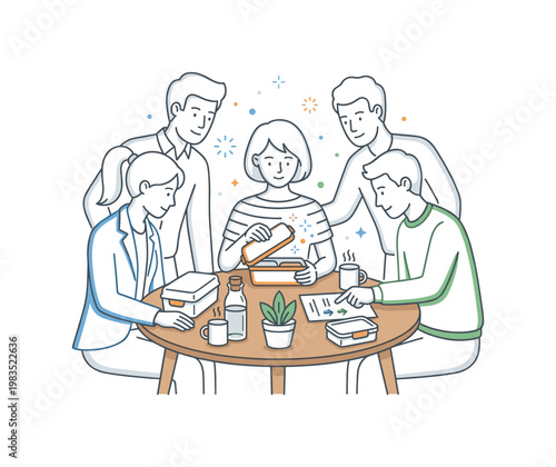 Group of coworkers gathered around a simple table during a shared lunch break with one central person opening a lunch container