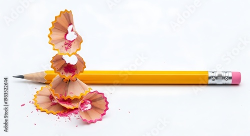 Yellow pencil with pink shavings isolated creative stationery concept