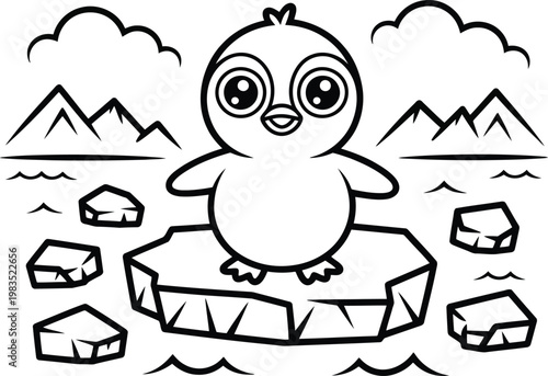 Cute cartoon penguin on ice floe with snowy mountain background