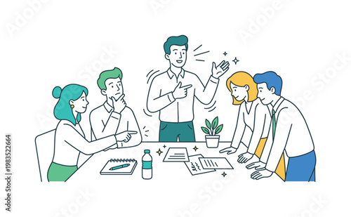 Office coworkers engaged in idea exchange with one person at center explaining a concept using hand gestures while others listen