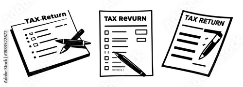 Tax Return Document set with solid black icon on white background featuring pen, digitized form, tax filing illustration with paperwork and finance theme