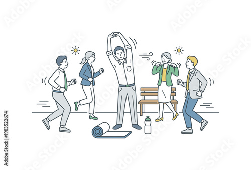 Group of coworkers stepping outside for a shared exercise break with one central person stretching arms overhead while others jog