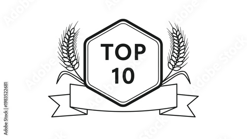 Elegant top 10 award emblem featuring a hexagonal frame, wheat stalks, and a blank ribbon banner for ranking and quality recognition.