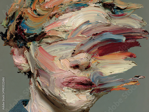 An expressive, thickly impastoed portrait of a human face, rendered with dynamic, swirling brushstrokes in warm and cool tones, creating a fragmented, abstract yet recognizable form.