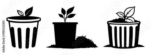 Compost bin set with solid black icon on white background featuring compost, organic leaf, recycling symbol with environmental and sustainability