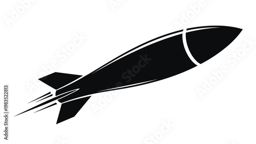Stylized black rocket launches upward into space with a powerful thrust of smoke and fire representing speed and technological progress.
