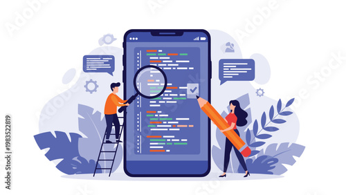 Technical team working together to develop and optimize the code for a mobile application on a large screen.