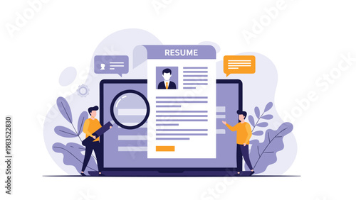 Professional recruitment team using tools to search and evaluate a resume displayed on a large computer screen.