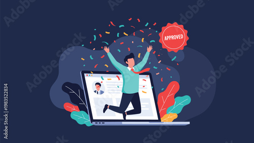 Happy man in a tie jumps out of a laptop screen amidst confetti and a red APPROVED seal to celebrate getting a new job or loan.