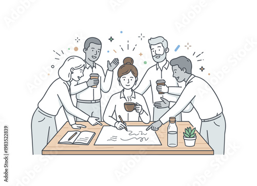 Coworkers sharing ideas in a casual teamwork scene with one central figure writing on paper while others lean in pointing and