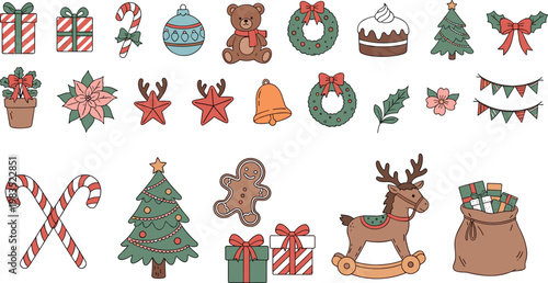 Christmas elements vector collection with gifts tree candy cane wreath ornaments and festive decorations in cute hand drawn style
