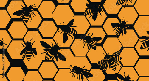 Black bees and honeycomb pattern on an orange background