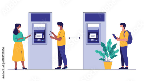 People wearing masks maintain social distance while using outdoor ATMs during a pandemic to ensure safety and health protocols are met.