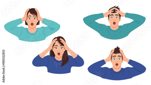 Collection of various people showing expressions of shock, surprise, and disbelief with their hands on their heads.