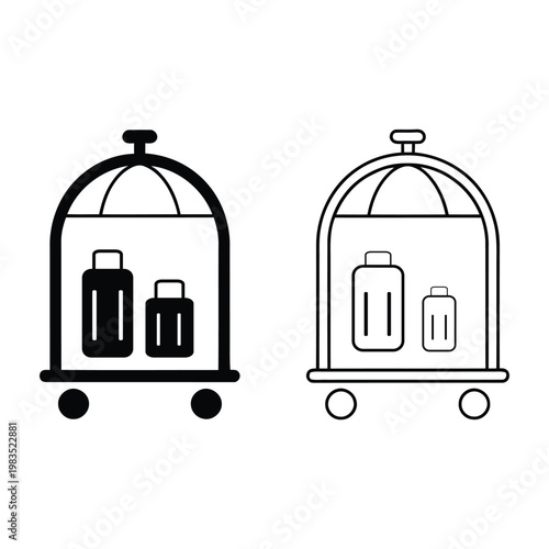 Hotel luggage cart and bellhop trolley vector icons with suitcases for travel and tourism.