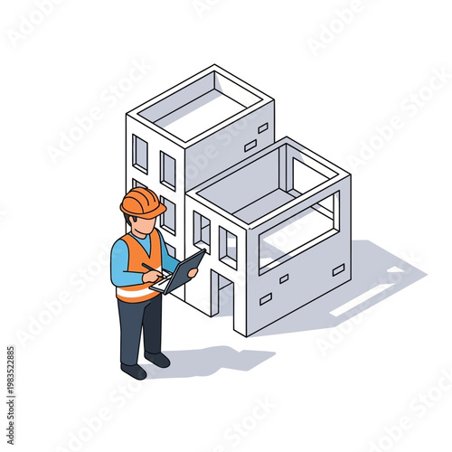 Construction worker inspects building plans on clipboard near unfinished structure.