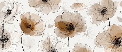 Watercolor floral artwork, featuring soft tans and creams, with fine line details on a light background