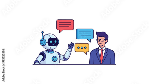 Professional man having a conversation with a friendly service robot featuring several colorful speech bubbles.
