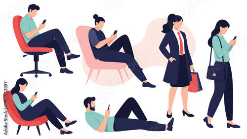 Diverse group of people in various poses are engrossed in using their smartphones for work, social media, and communication in daily life.