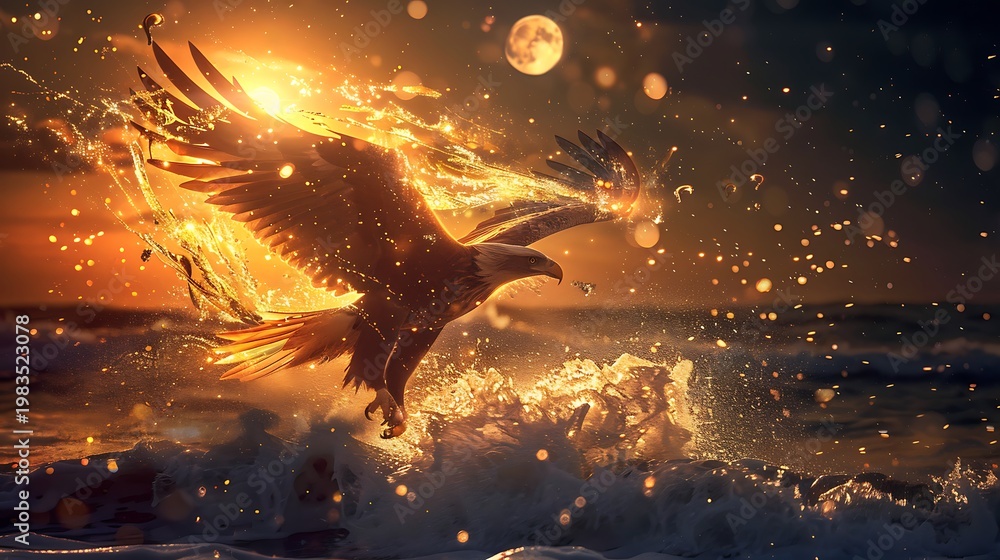 Fototapeta premium Eagle Soaring Through Fiery Waves Under a Full Moon