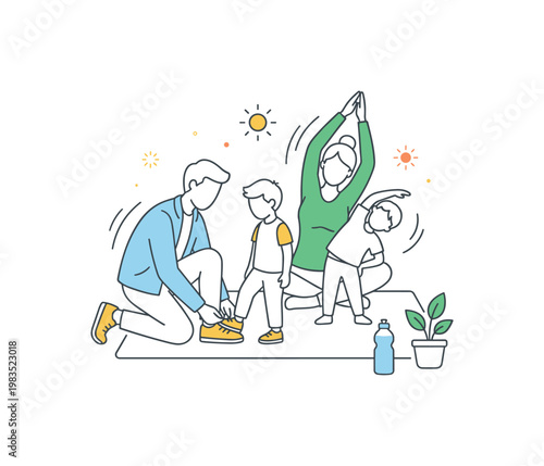 Family bonding over healthy morning habits with one central parent tying shoelaces while others stretch arms and twist gently