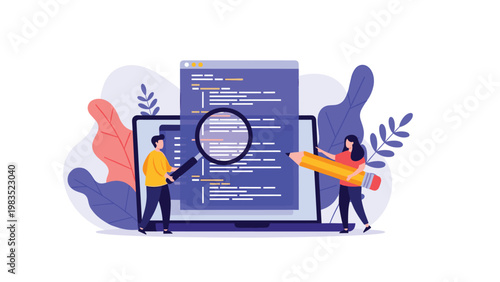 Developers reviewing computer code on a laptop screen with a magnifying glass and a giant pencil for debugging.