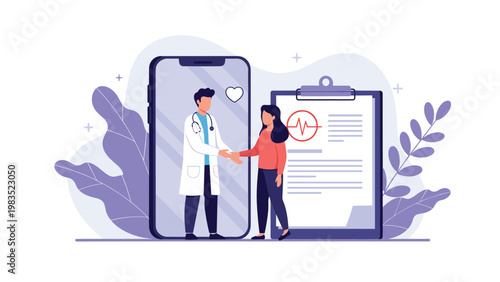 Doctor shaking hands with a patient from a mobile phone screen next to a clipboard representing telehealth and digital medical consultation.