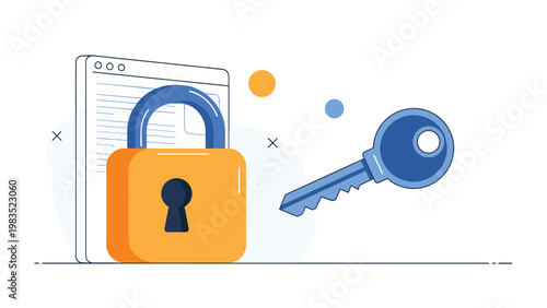 Large orange padlock on a web browser window next to a blue key representing internet security, data protection, and privacy online.