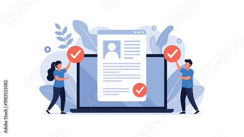 Man and woman holding checkmark symbols next to a laptop screen displaying a profile for job recruitment and candidate selection process.