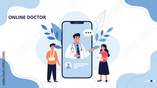 Online doctor consultation via smartphone with a male patient with broken arm and a female patient with medical records for telehealth.