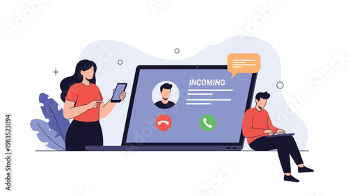 Young man and woman communicating while an incoming call notification appears on a laptop screen representing modern remote collaboration.