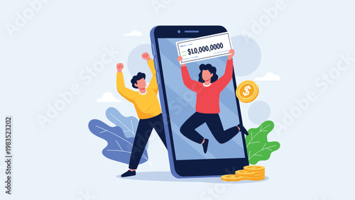 Happy people celebrating winning a huge lottery prize shown on a smartphone screen with gold coins and confetti.