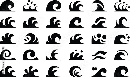 Black silhouette wave set diverse ocean wave icons and symbols