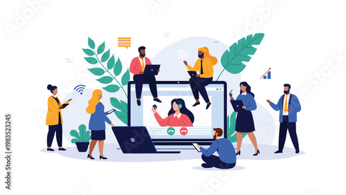 Diverse group of people collaborating and communicating using a large laptop for a group video call and remote team meeting concept.