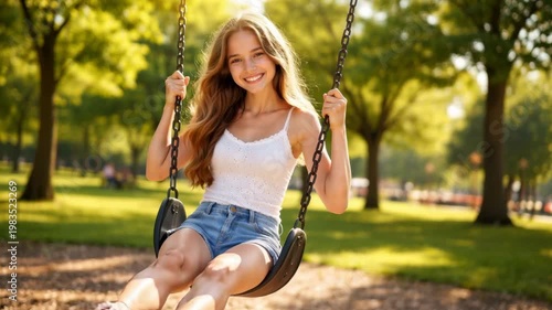 Smiling teenage girl enjoying a swing ride in a green park on a sunny day. Outdoor leisure, happiness, and carefree youth concept with warm light and natural surroundings