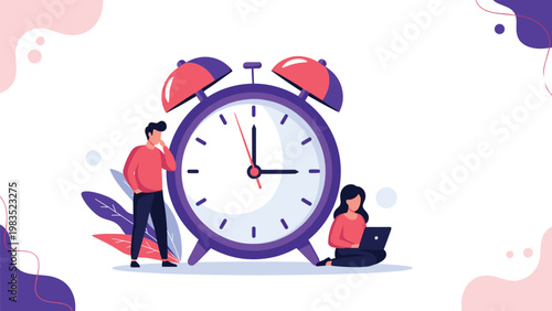 Man and woman work and contemplate next to a massive purple alarm clock to represent time management, deadlines, and daily productivity.
