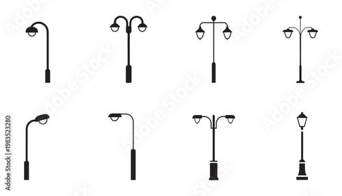 Street lamp icon set, minimal urban streetlight silhouettes collection, city lighting symbols, vector illustration isolated on white
