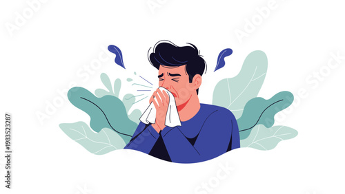 Sick man suffering from seasonal flu or allergy and sneezing into a white tissue with green leaves in background.