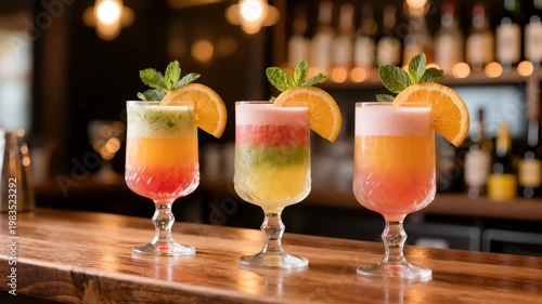 Three colorful layered fruit cocktails garnished with orange slices and fresh mint stand on a wooden bar counter, showcasing refreshing flavors and modern mixology style