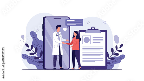 Patient consulting with a doctor online via smartphone application and shaking hands for virtual healthcare service.