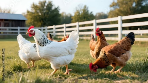 Group of free range chickens including white and brown hens standing on green grass near a wooden fence on a sunny farm, representing natural farming and rural lifestyle