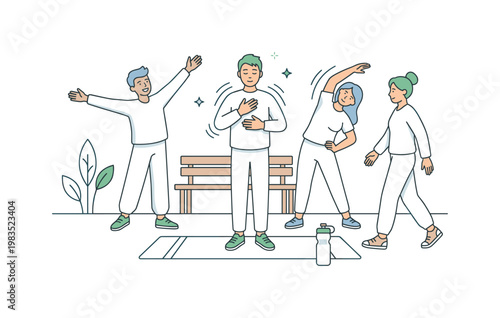 Diverse group of friends practicing mindful breathing exercises outdoors together