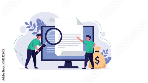 Two men examine a large document on a computer screen using a magnifying glass while standing next to a bag of money for financial review.