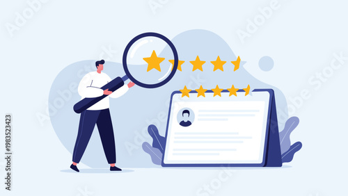 Professional uses a large magnifying glass to inspect a five-star rating on a user's profile card to ensure quality and trust in selection.