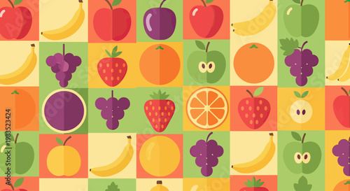 A vibrant, flat-design grid of assorted fruits in square blocks